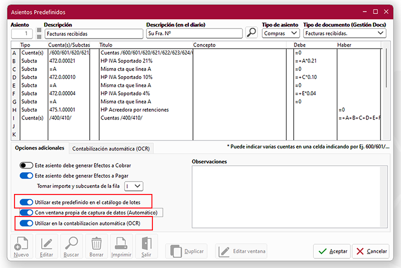 Ventana Asientos Predefinidos en ClassicConta 7.